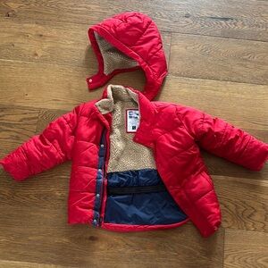 Red Hooded Puffer Jacket with Faux Fur Lining